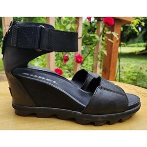 Sorel Joanie II US 8 Black Leather Wedge Sandals Ankle Strap Comfort Platform